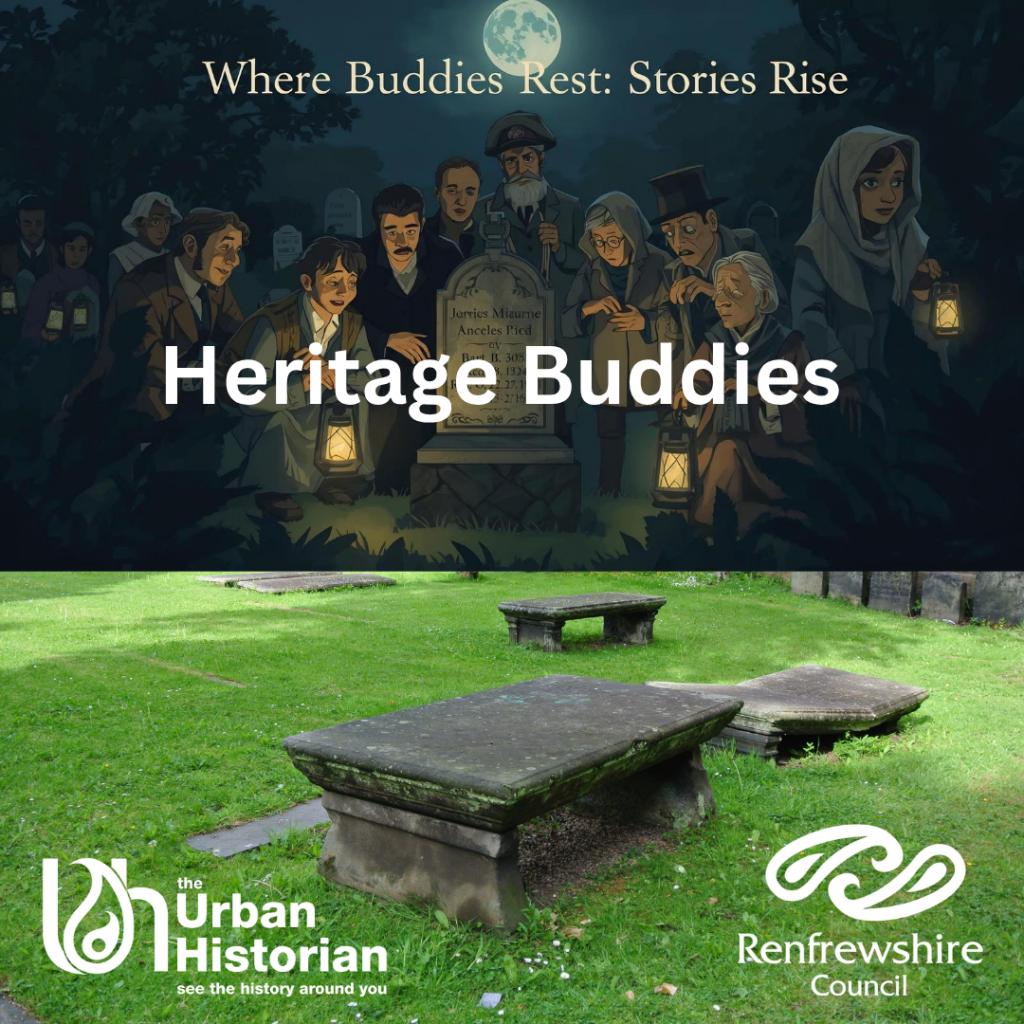 Heritage Buddies Logo with an image of a graveyard